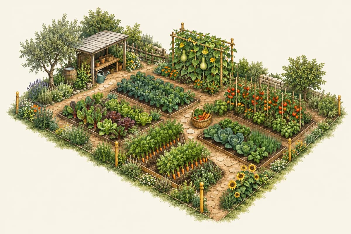 Concept illustration of a tended vegetable garden with crop beds, a gourd trellis, pathways and a harvest basket.